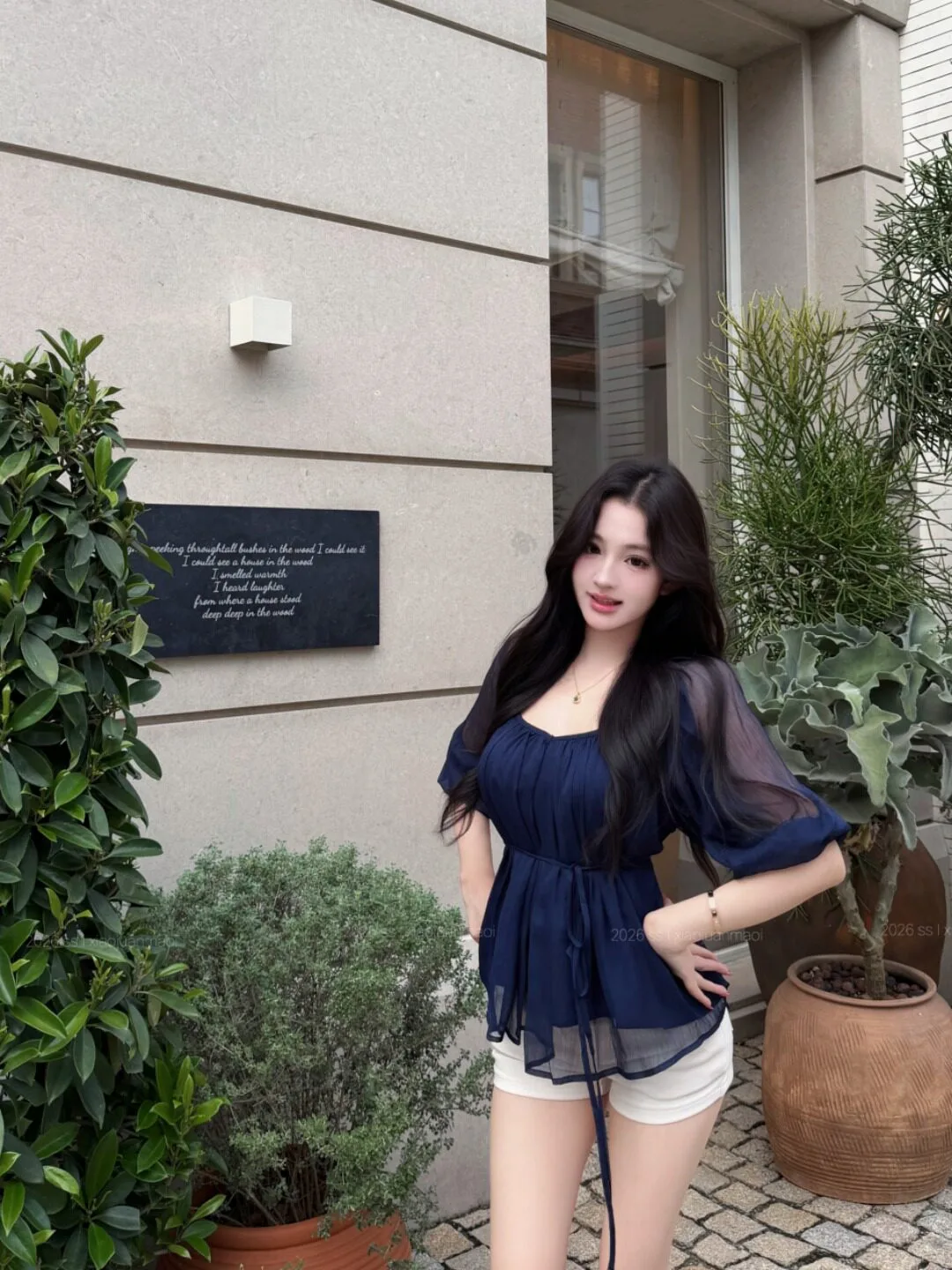 法式黃色v領收腰泡泡袖襯衫女微透褶皺系帶襯衣半袖雪紡上衣 商品細節 2