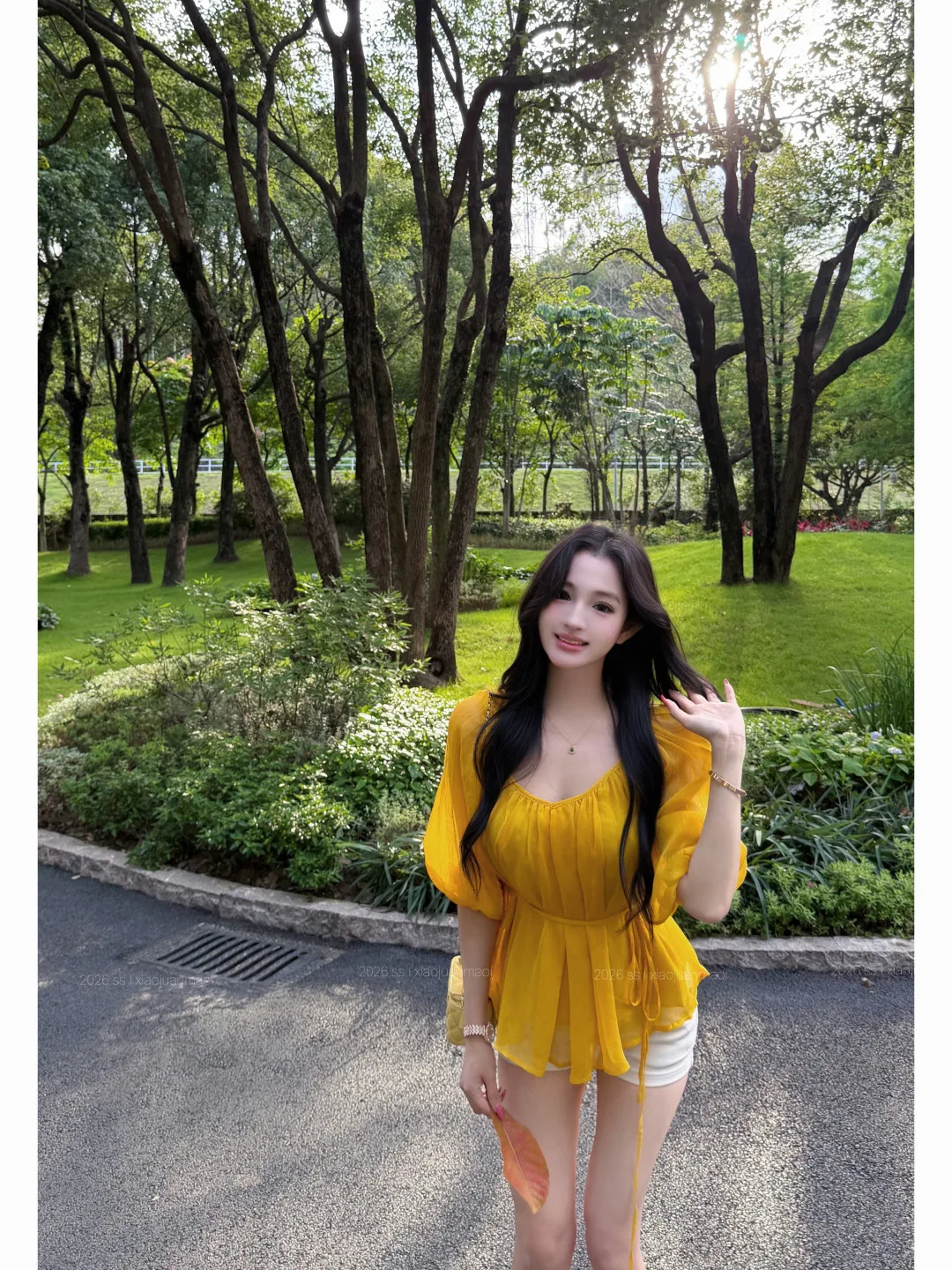 法式黃色v領收腰泡泡袖襯衫女微透褶皺系帶襯衣半袖雪紡上衣 商品細節 3