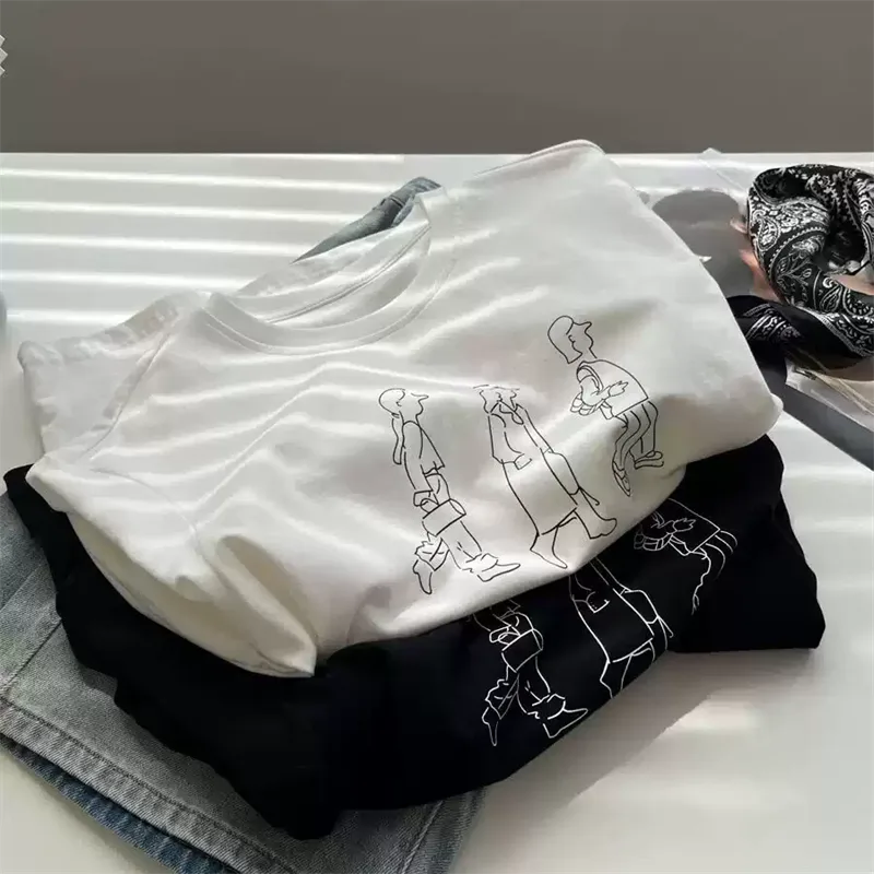 純棉打底衫慵懶寬松卡通印花圓領短袖大碼T恤:圖片 3