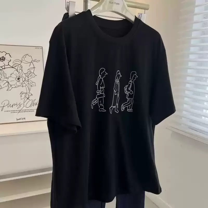 純棉打底衫慵懶寬松卡通印花圓領短袖大碼T恤:圖片 4