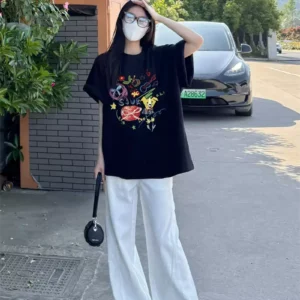 純棉打底衫慵懶寬松卡通印花圓領短袖大碼T恤