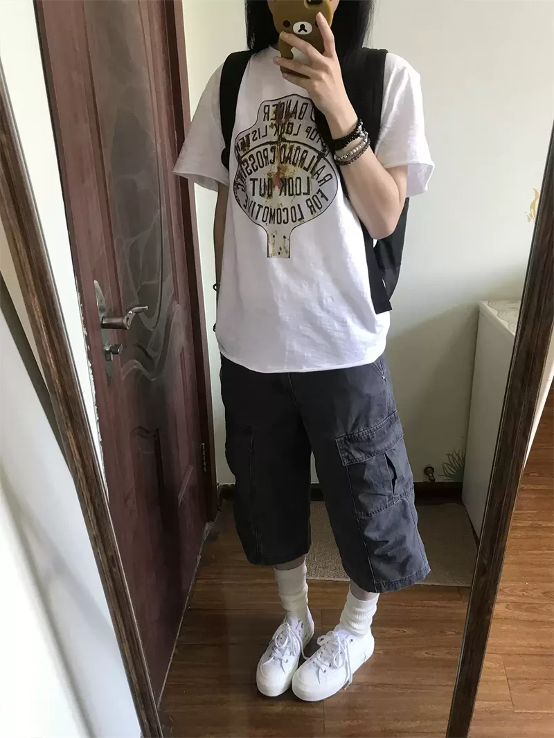 純棉打底衫慵懶寬松字母印花圓領短袖大碼T恤