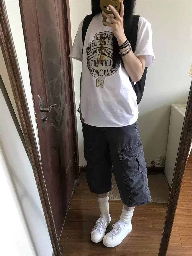 純棉打底衫慵懶寬松字母印花圓領短袖大碼T恤:圖片 3