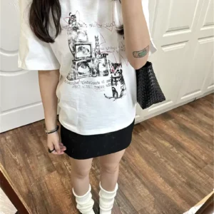 純棉打底衫慵懶寬松卡通印花圓領短袖大碼T恤