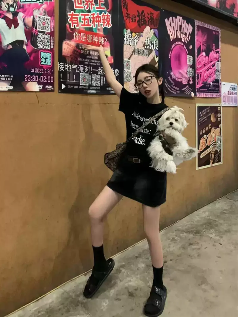 純棉打底衫慵懶寬松字母印花圓領短袖大碼T恤:圖片 3