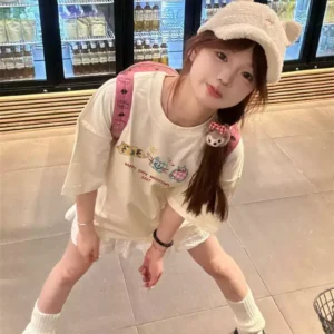 純棉打底衫慵懶寬松卡通印花圓領短袖大碼T恤