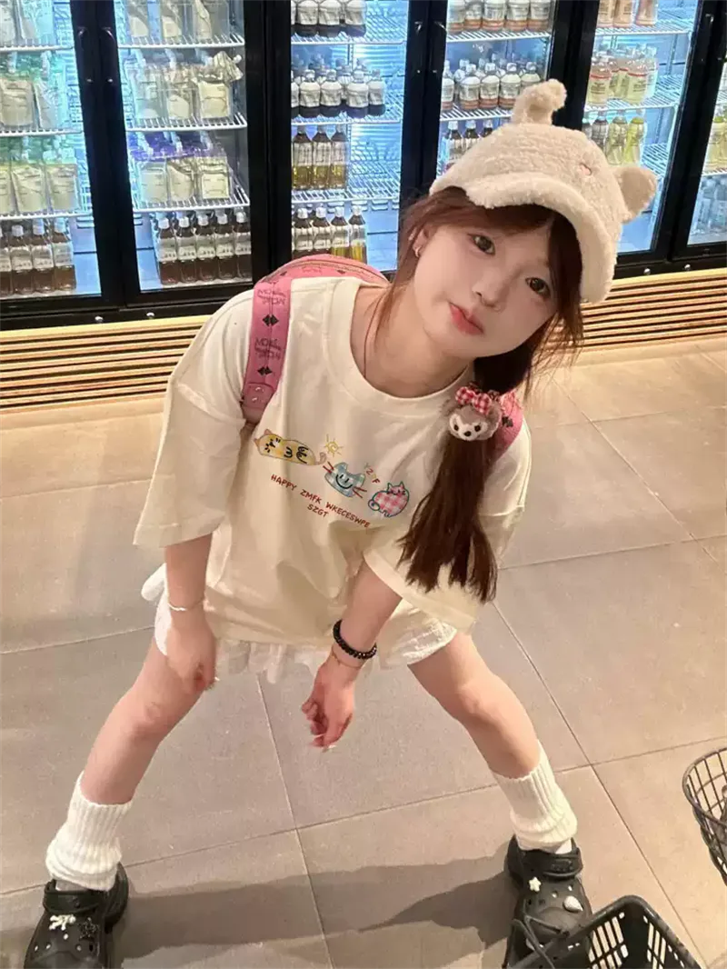 純棉打底衫慵懶寬松卡通印花圓領短袖大碼T恤