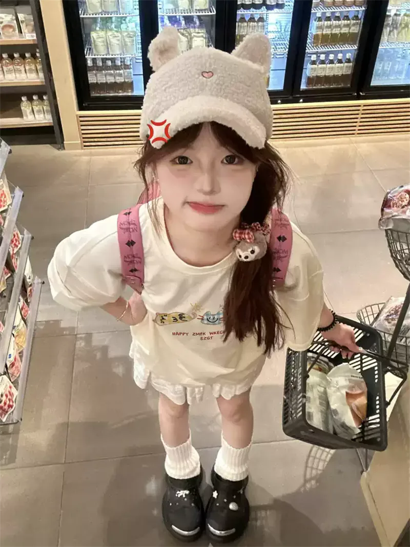 純棉打底衫慵懶寬松卡通印花圓領短袖大碼T恤:圖片 3
