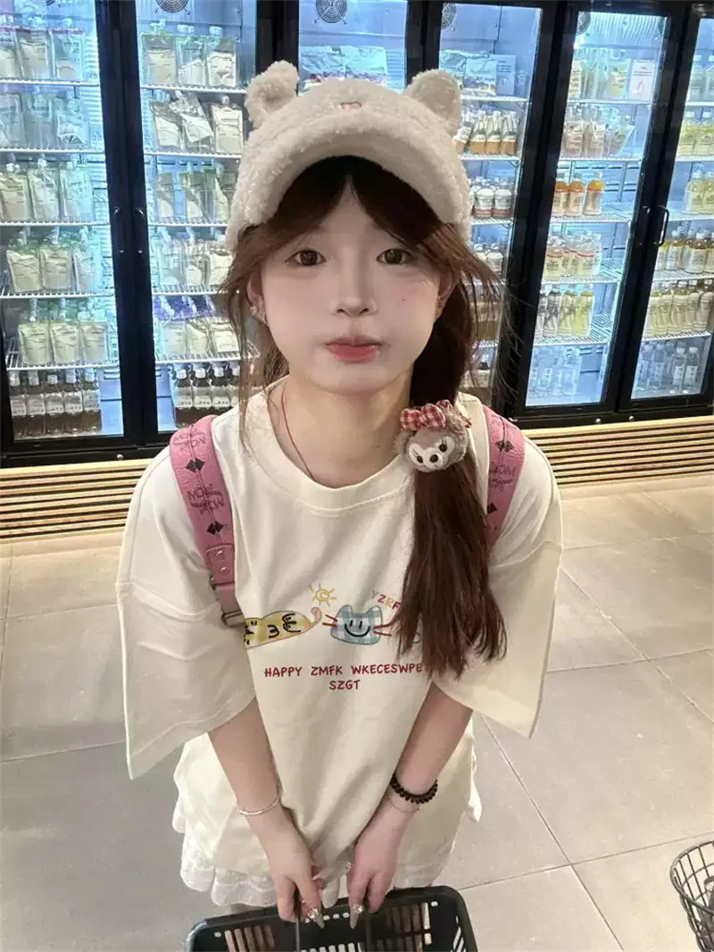 純棉打底衫慵懶寬松卡通印花圓領短袖大碼T恤:圖片 5
