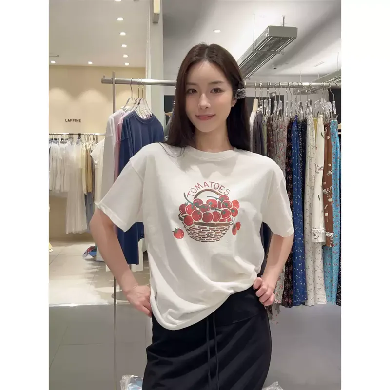 純棉打底衫慵懶寬松小番茄印花圓領短袖大碼T恤