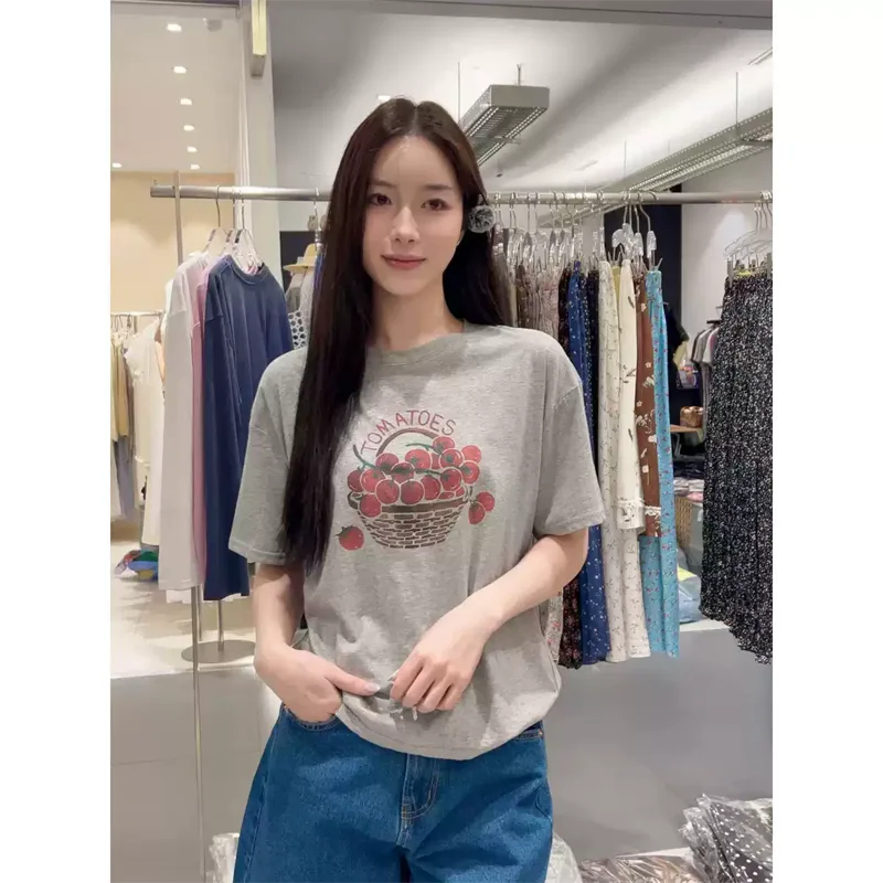 純棉打底衫慵懶寬松小番茄印花圓領短袖大碼T恤:圖片 2