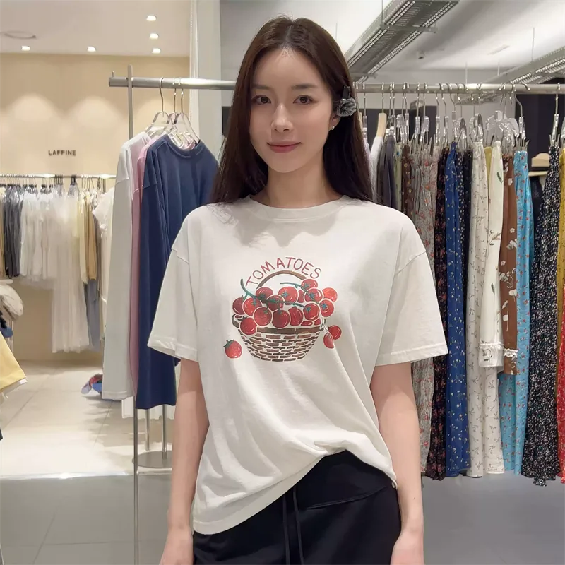 純棉打底衫慵懶寬松小番茄印花圓領短袖大碼T恤:圖片 5
