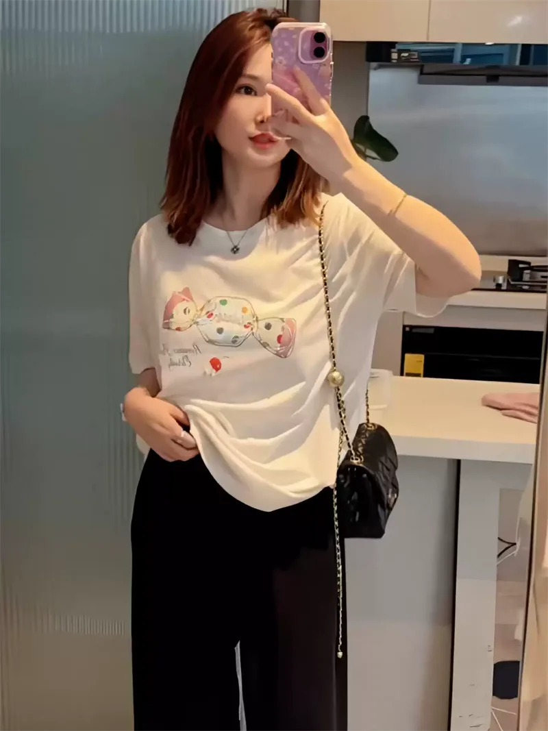 純棉打底衫慵懶寬松糖果印花圓領短袖大碼T恤:圖片 2