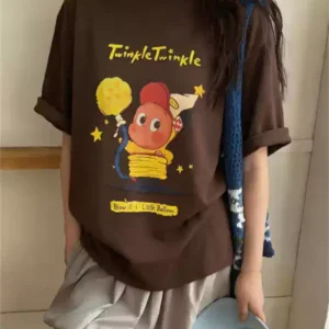 純棉打底衫慵懶寬松卡通印花圓領短袖大碼T恤