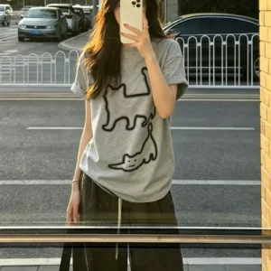 純棉打底衫慵懶寬松卡通印花圓領短袖大碼T恤