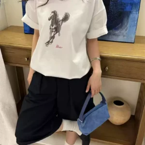 純棉打底衫慵懶寬松駿馬印花圓領短袖大碼T恤