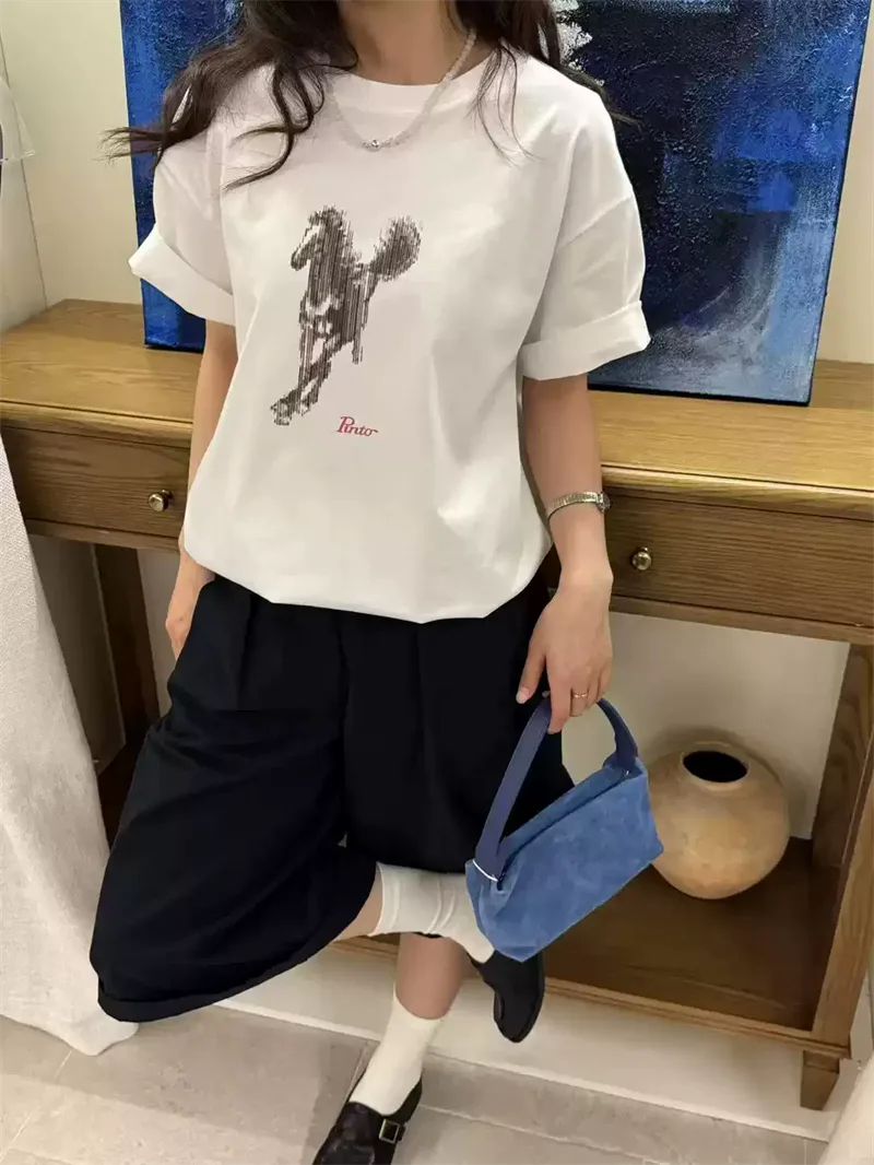 純棉打底衫慵懶寬松駿馬印花圓領短袖大碼T恤