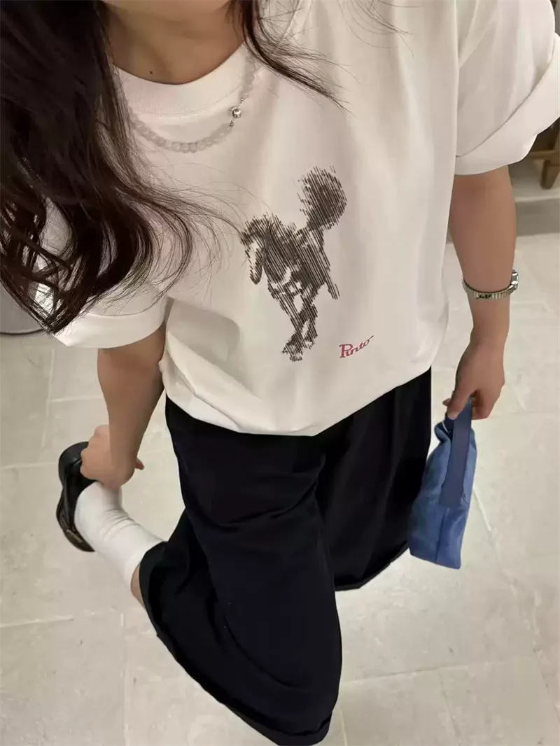 純棉打底衫慵懶寬松駿馬印花圓領短袖大碼T恤:圖片 2