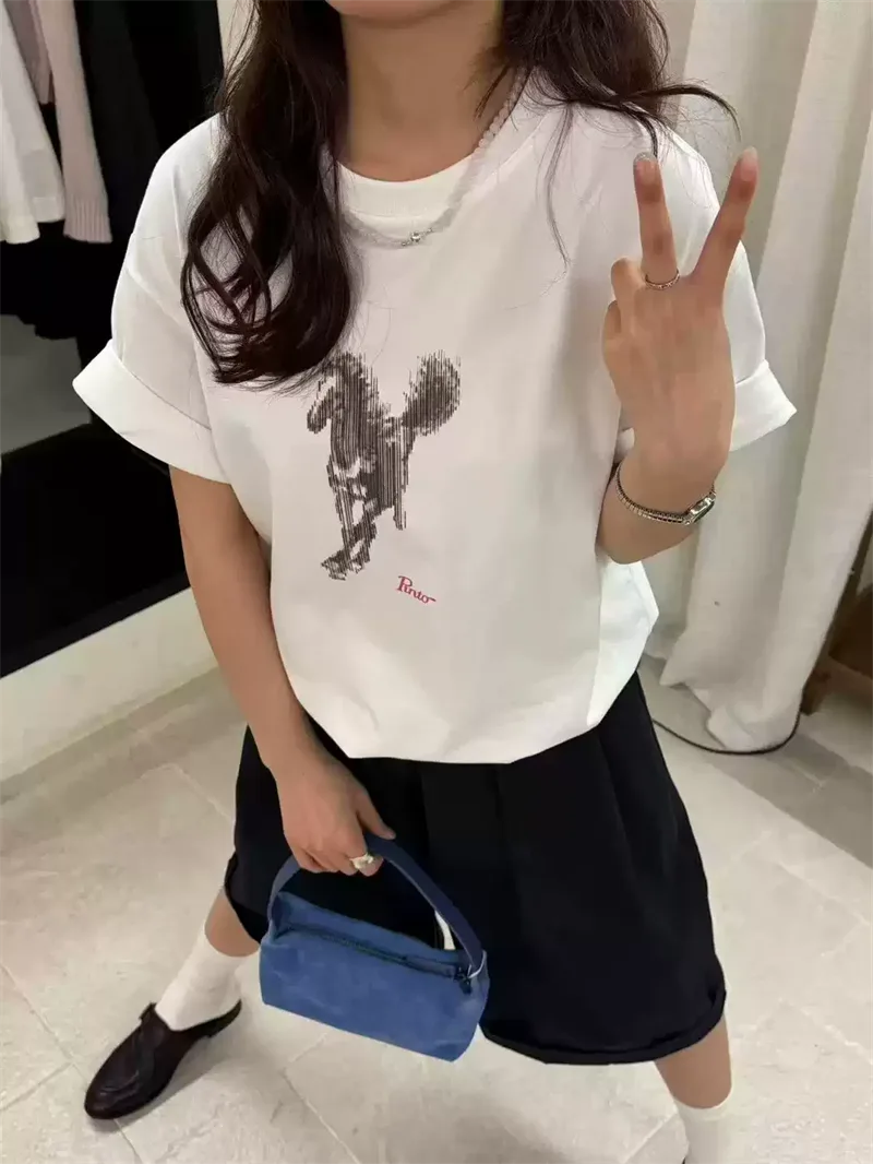 純棉打底衫慵懶寬松駿馬印花圓領短袖大碼T恤:圖片 3