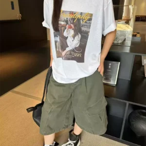 純棉打底衫慵懶寬松人物印花圓領短袖大碼T恤