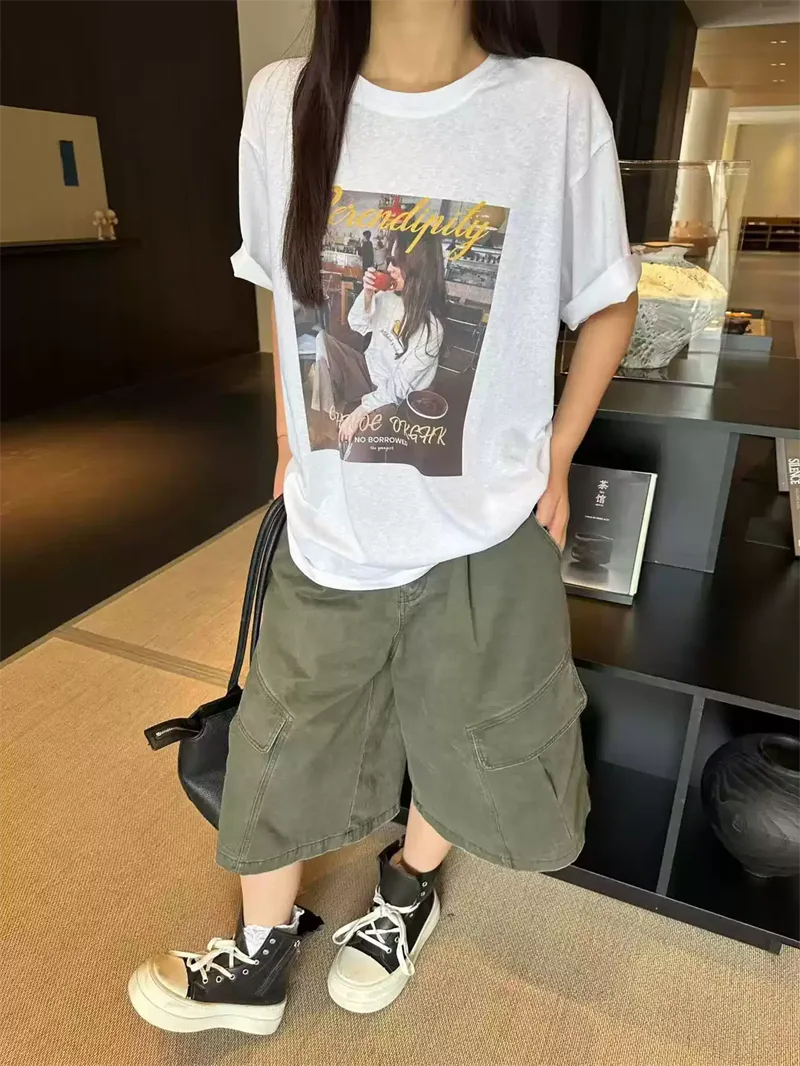 純棉打底衫慵懶寬松人物印花圓領短袖大碼T恤