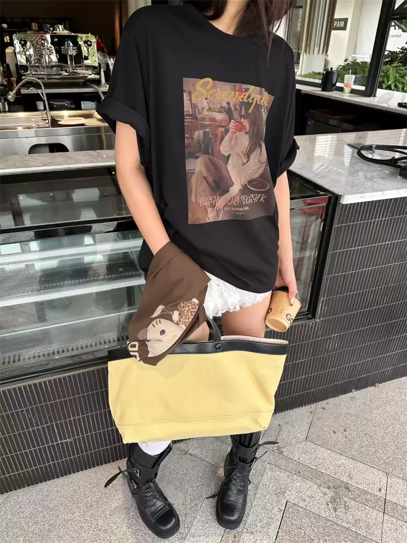 純棉打底衫慵懶寬松人物印花圓領短袖大碼T恤:圖片 5