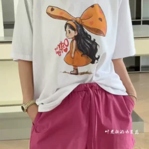 純棉打底衫慵懶寬松卡通印花圓領短袖大碼T恤