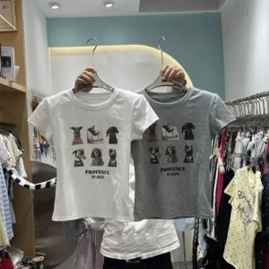 純棉打底衫女小狗印花圓領短袖T恤寬松上衣