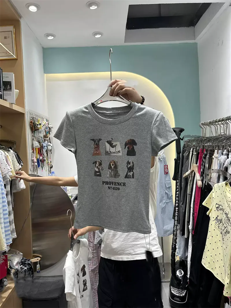 純棉打底衫女小狗印花圓領短袖T恤寬松上衣:圖片 2