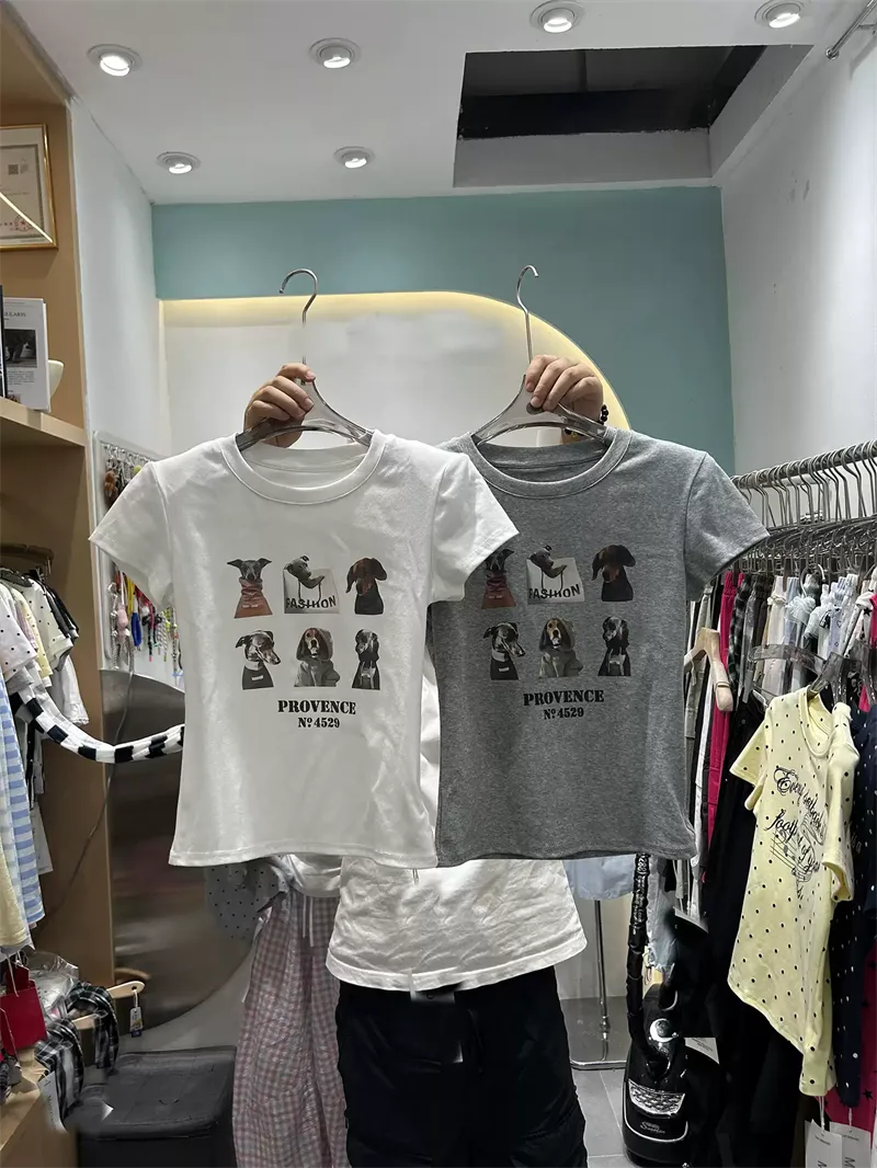 純棉打底衫女小狗印花圓領短袖T恤寬松上衣:圖片 5