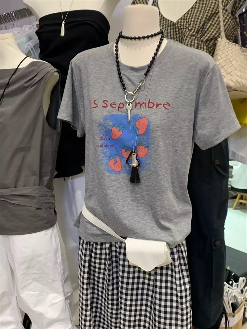 純棉打底衫女字母草莓圓領短袖T恤寬松上衣 商品細節 3