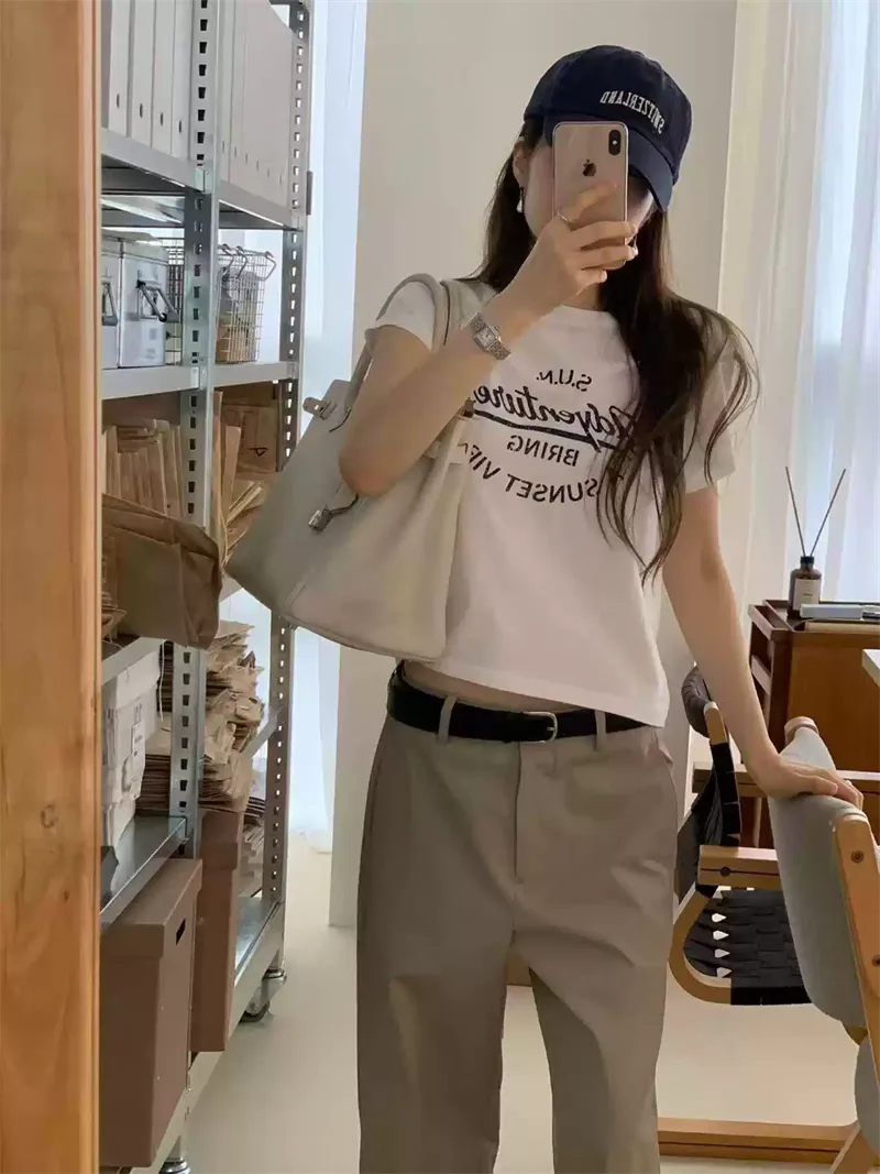 純棉打底衫女字母印花圓領短袖T恤寬松上衣