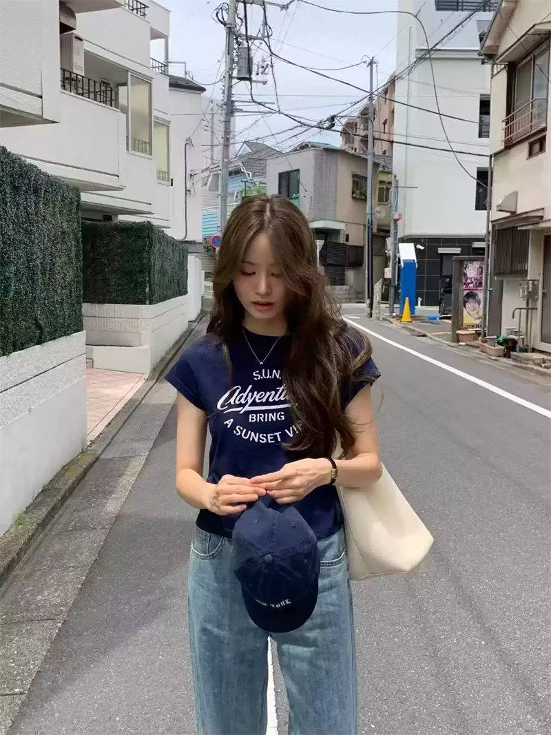 純棉打底衫女字母印花圓領短袖T恤寬松上衣:圖片 3