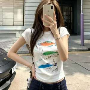 純棉打底衫女小魚印花圓領短袖T恤寬松上衣
