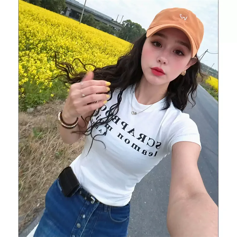 純棉打底衫女字母印花圓領短袖T恤寬松上衣:圖片 4