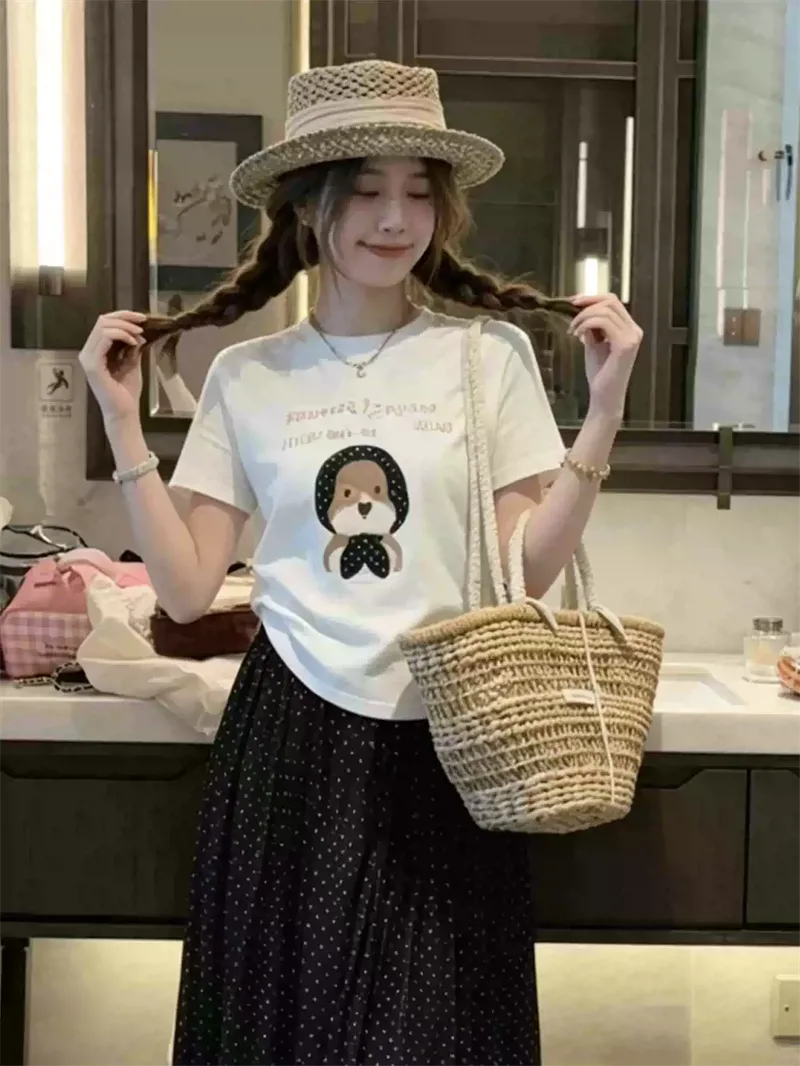 純棉打底衫女字母印花圓領短袖T恤寬松上衣