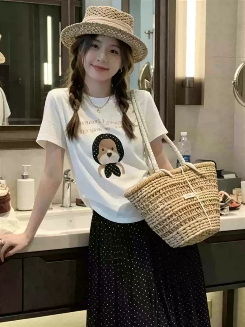純棉打底衫女字母印花圓領短袖T恤寬松上衣:圖片 5