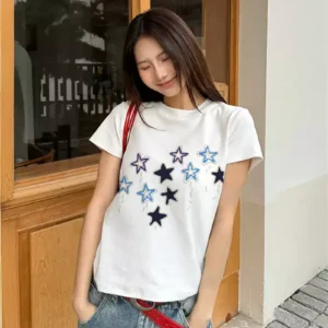 純棉打底衫女星星印花圓領短袖T恤寬松上衣
