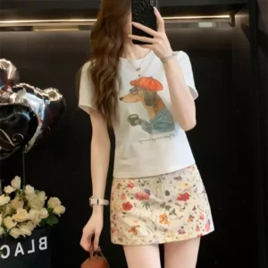 純棉打底衫女卡通印花圓領短袖T恤寬松上衣