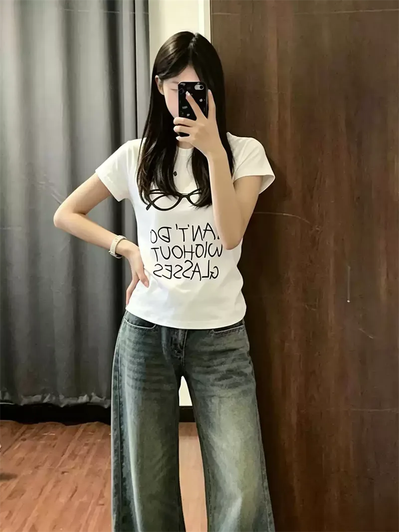 純棉打底衫女字母印花圓領短袖T恤寬松上衣