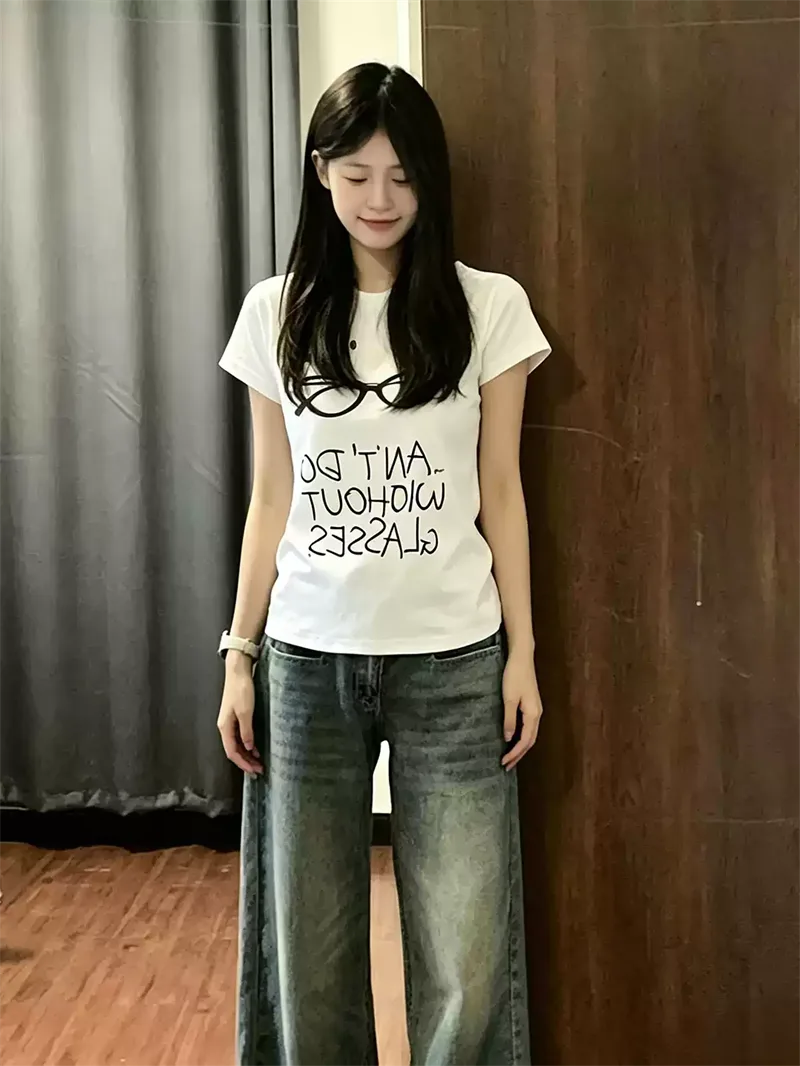 純棉打底衫女字母印花圓領短袖T恤寬松上衣:圖片 3
