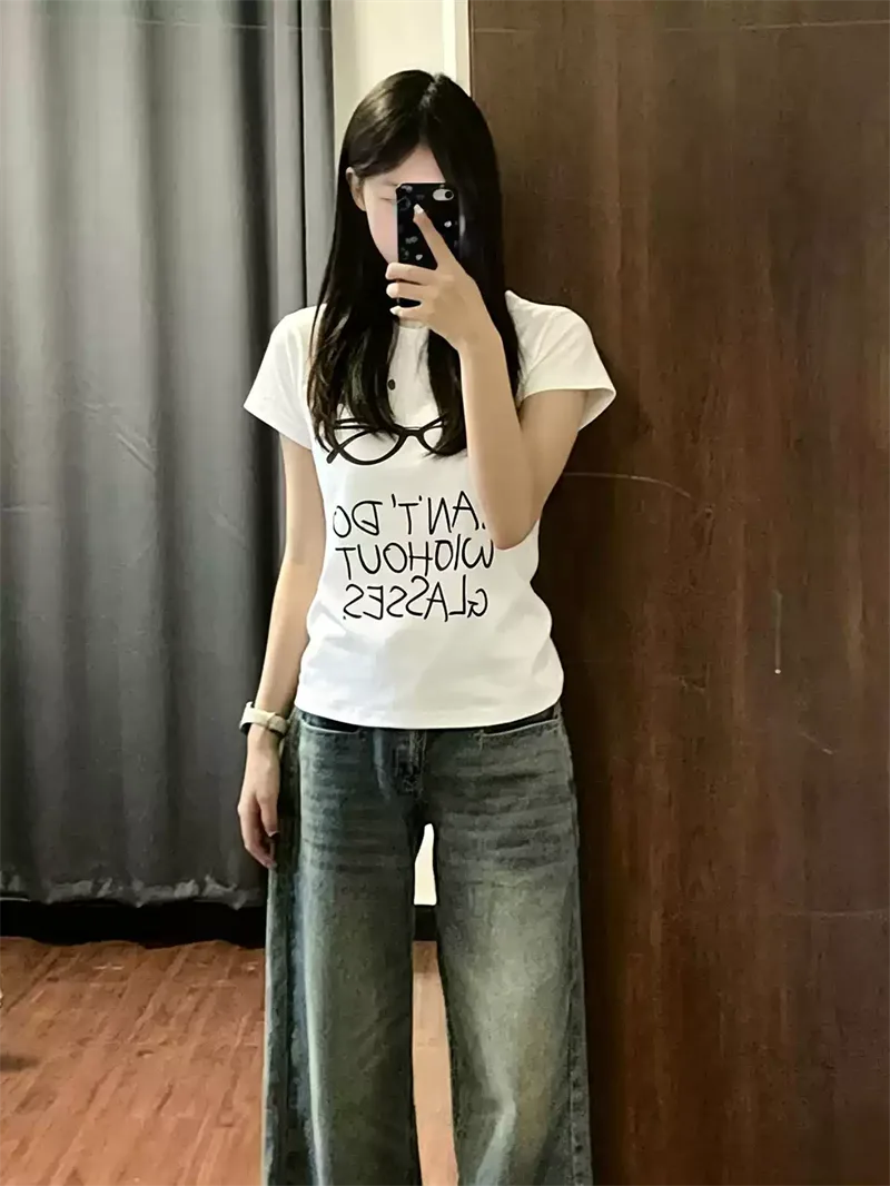 純棉打底衫女字母印花圓領短袖T恤寬松上衣:圖片 4