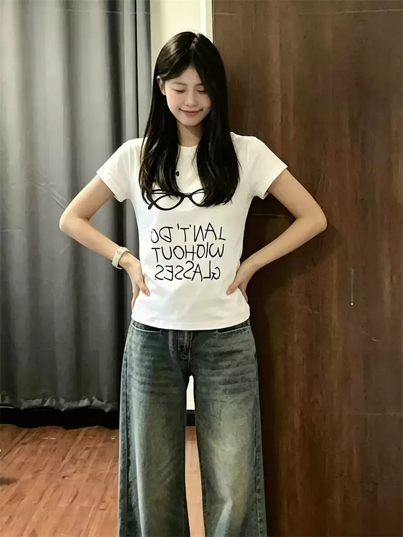 純棉打底衫女字母印花圓領短袖T恤寬松上衣:圖片 5