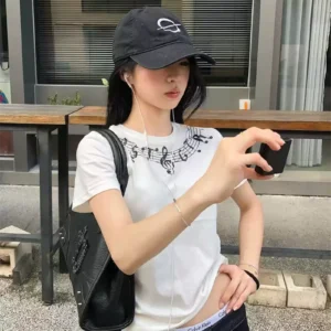 純棉打底衫女音符印花圓領短袖T恤寬松上衣