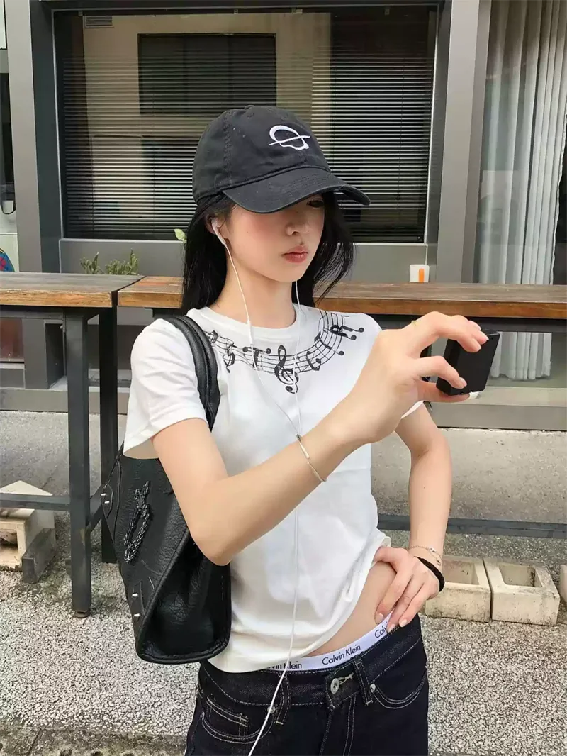 純棉打底衫女音符印花圓領短袖T恤寬松上衣