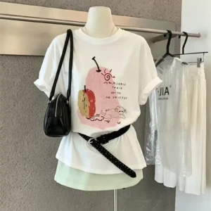 純棉打底衫慵懶寬松卡通印花圓領短袖大碼T恤