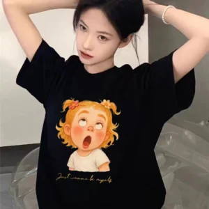 純棉打底衫慵懶寬松卡通印花圓領短袖大碼T恤