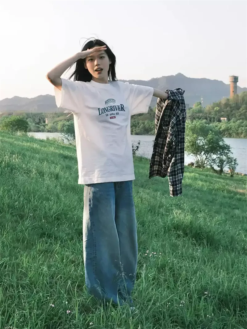 純棉打底衫慵懶寬松字母印花圓領短袖大碼T恤:圖片 2