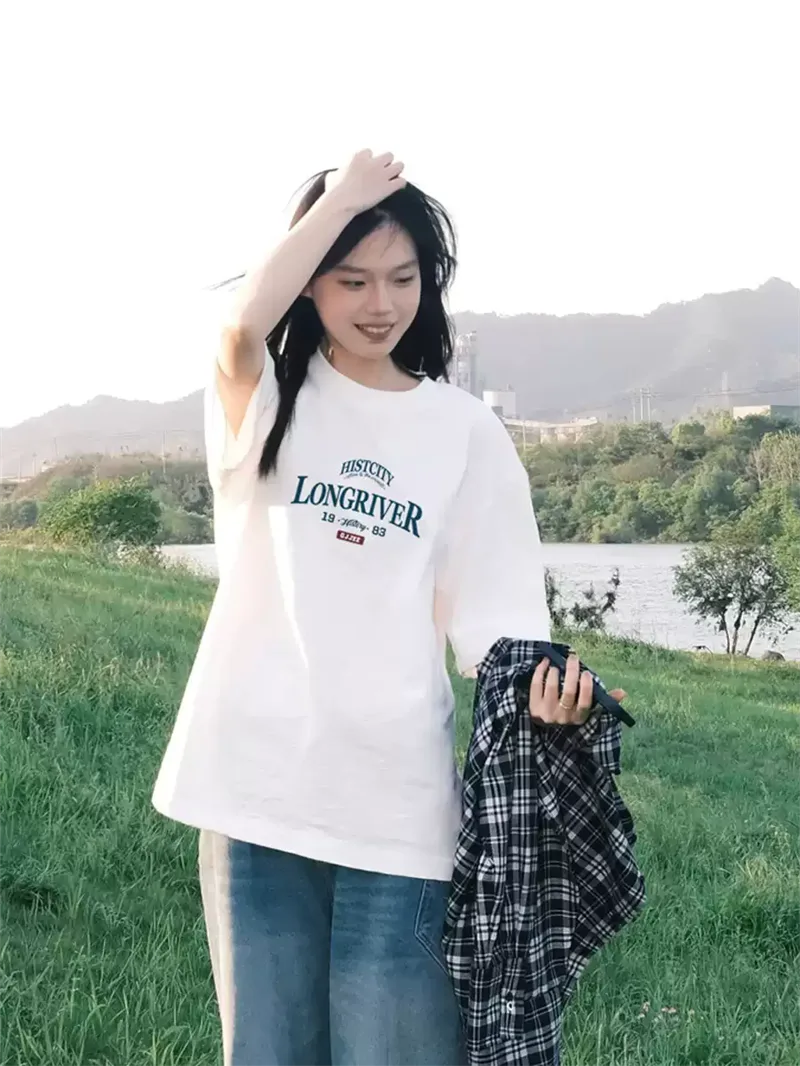 純棉打底衫慵懶寬松字母印花圓領短袖大碼T恤:圖片 5