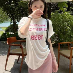 純棉打底衫慵懶寬松字母印花圓領短袖大碼T恤
